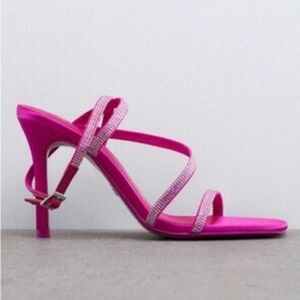 Zara Vibrant Pink Embellished Strappy Heeled Square Toe Sandals Women's Size 39